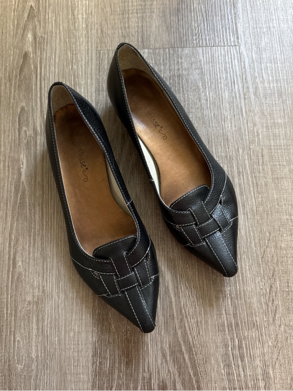 Matisse Leather Made In Brazil Woven Pointed Toe Black Kitten Heel Size 6.5